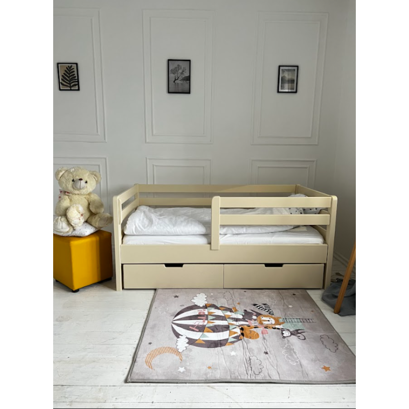 Pat copii lemn masiv cu sertar pe roți Goydalka AURORA 160x80 cm, bej