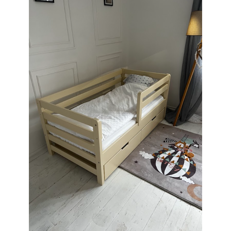 Pat copii lemn masiv cu sertar pe roți Goydalka AURORA 160x80 cm, bej