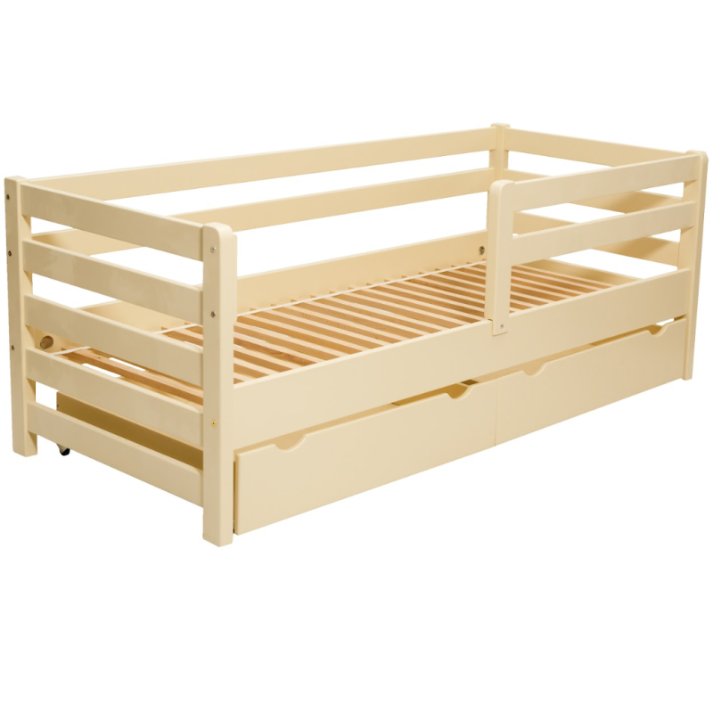 Pat copii lemn masiv cu sertar pe roți Goydalka AURORA 160x80 cm, bej