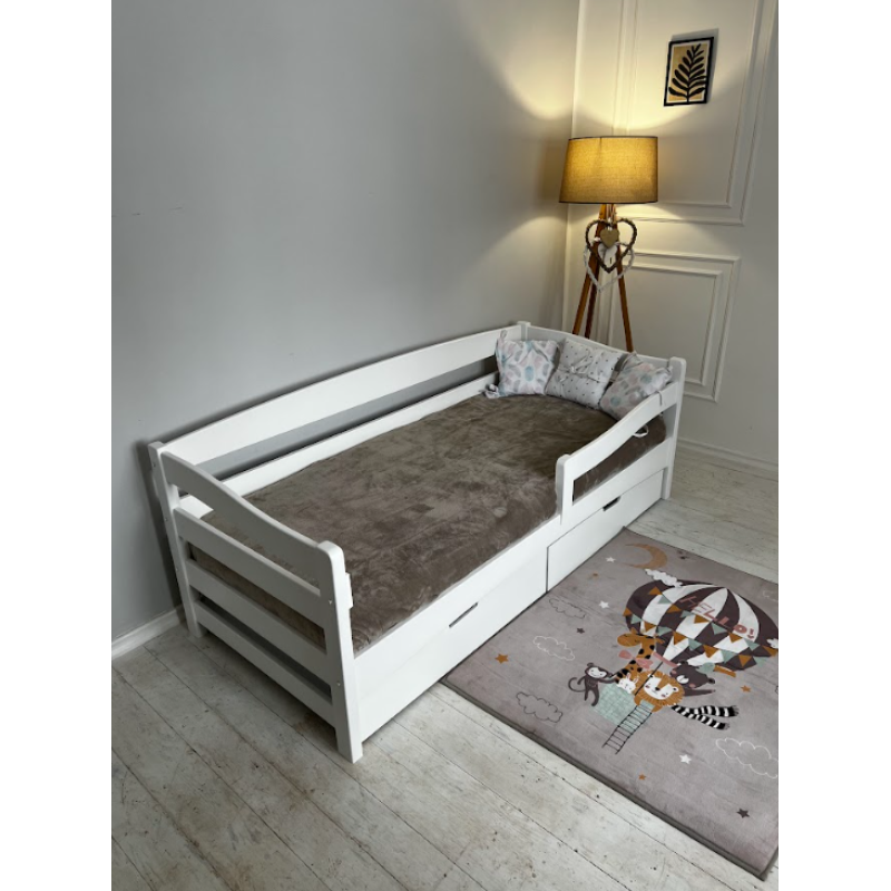 Pat din lemn masiv pentru adolescenți Goydalka AFINA 190x80 cm, alb, cu sertar pe roți