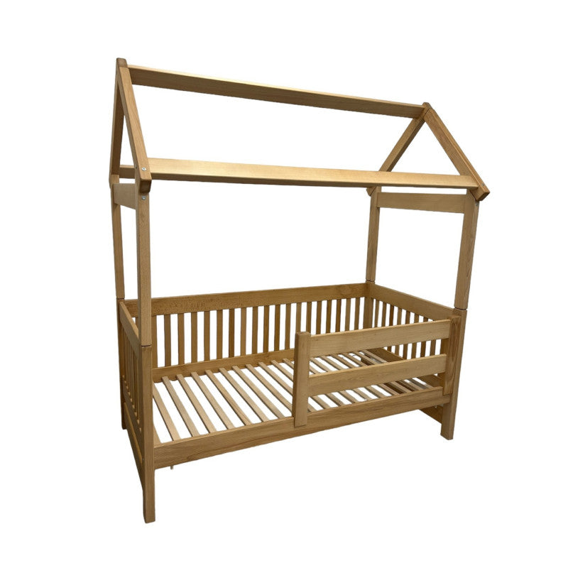 Pat din lemn masiv pentru copii Goydalka TERRY 160x80 cm fără sertar, design casă,natural