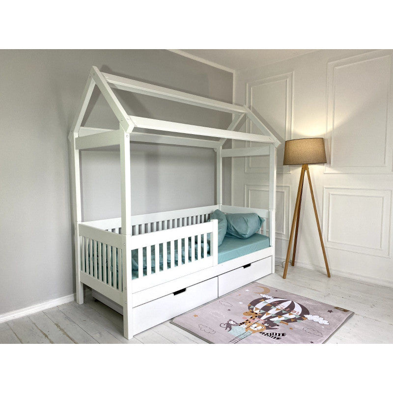 Pat din lemn masiv pentru copii Goydalka TERRY 160x80 cm, cu sertare, alb, design casă