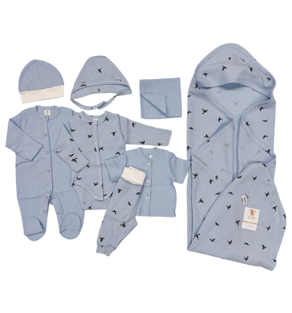Set din stofă gofra pentru nou-născuți 0-3 luni – 8 piese