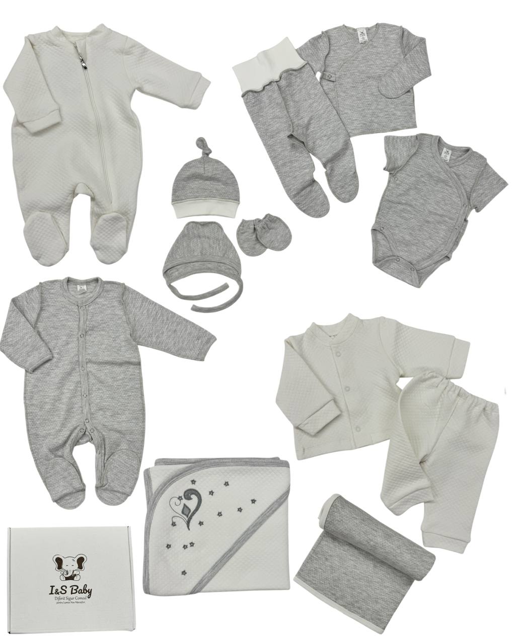Set Nou-Născuți Gri Alb – 12 Articole Esențiale