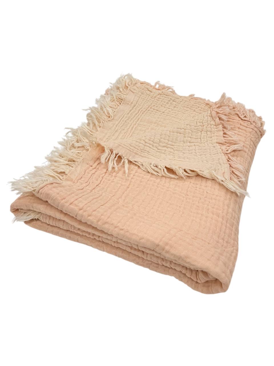 Păturică Muselină Bej Pudrată cu Frânghișori – 4 Straturi