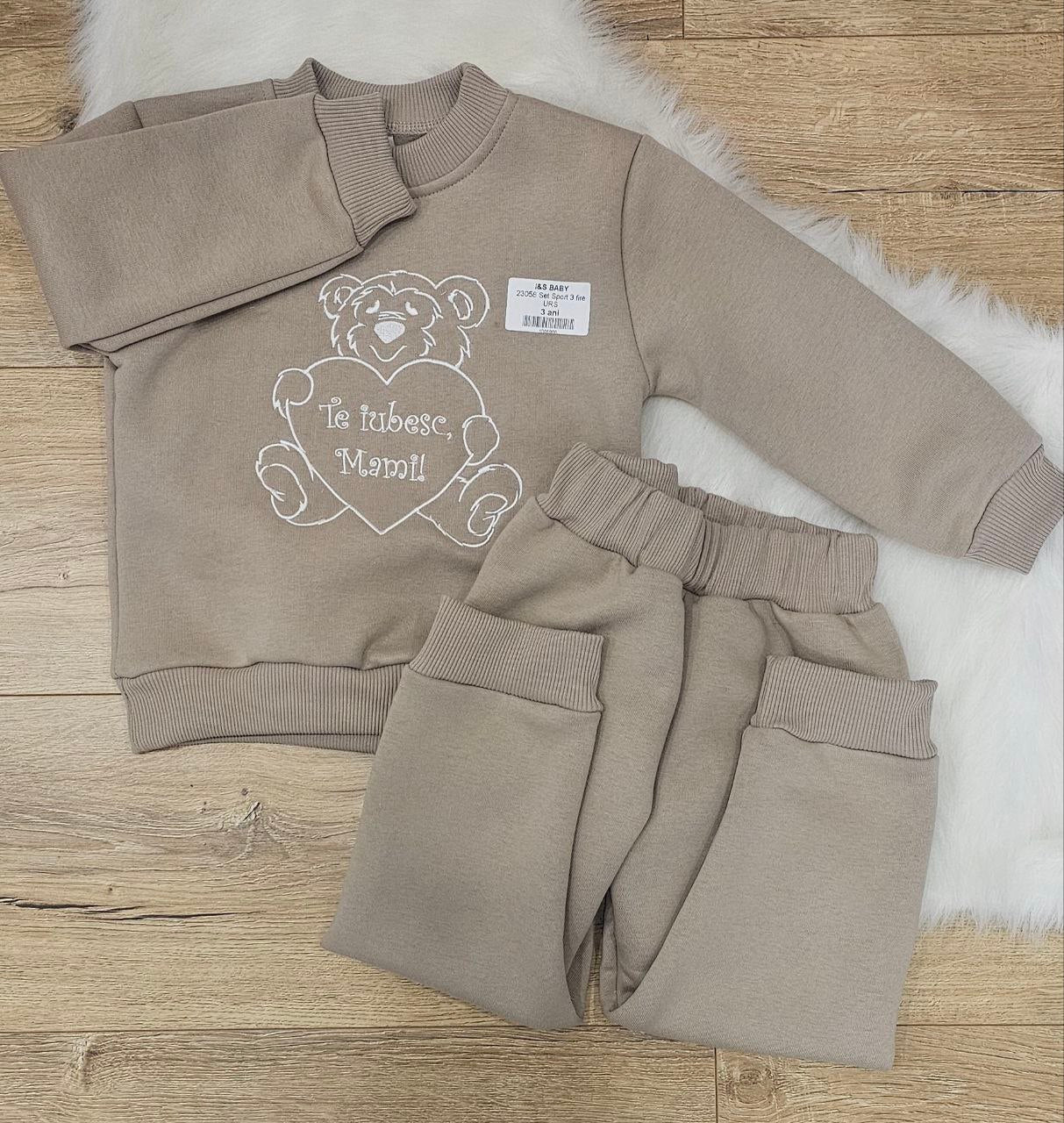 Costum sport din bumbac bej cald Te iubesc Mami