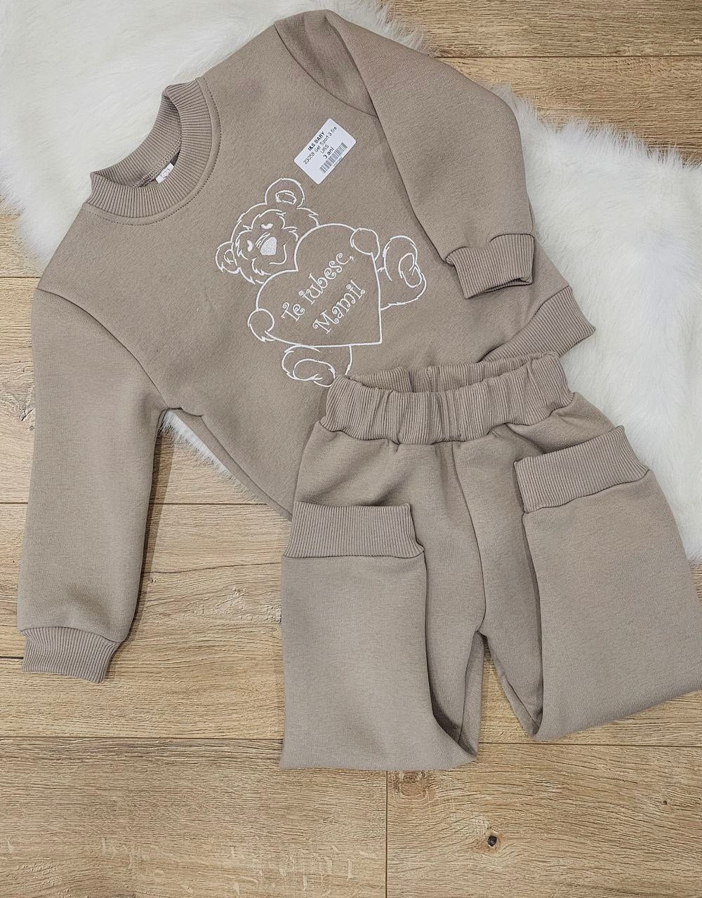 Costum sport din bumbac bej cald Te iubesc Mami