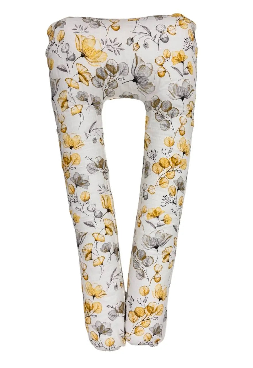 Perna Pentru Gravide U-Shape – Floral Gri/Galben Pe Alb, Muselină, 150 cm