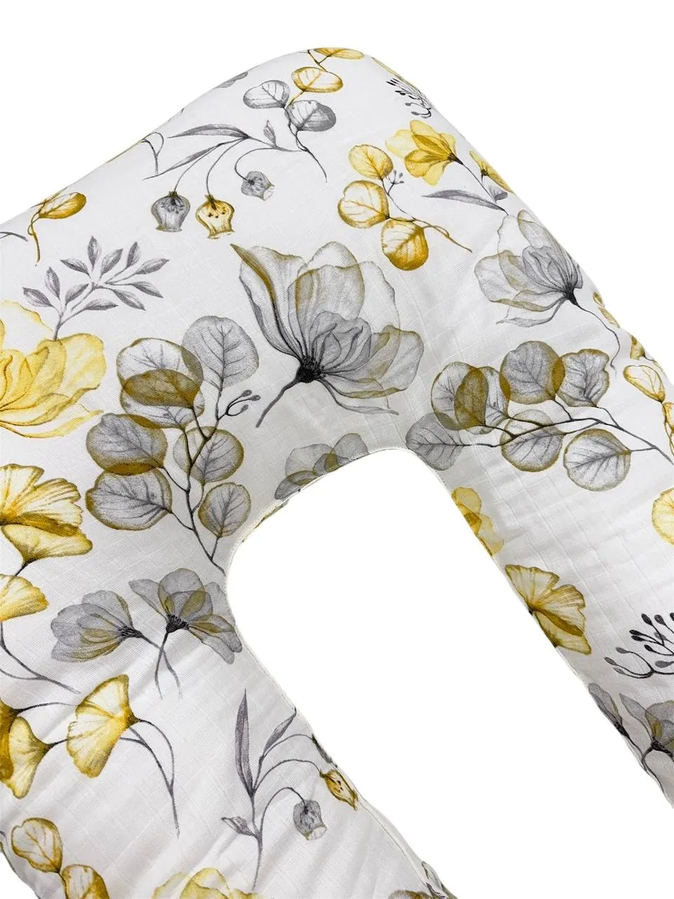 Perna Pentru Gravide U-Shape – Floral Gri/Galben Pe Alb, Muselină, 150 cm