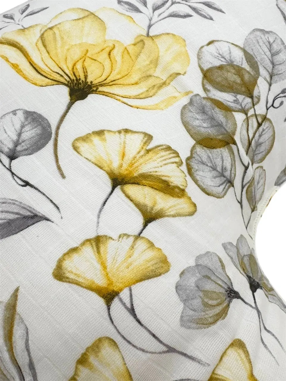 Perna Pentru Gravide U-Shape – Floral Gri/Galben Pe Alb, Muselină, 150 cm