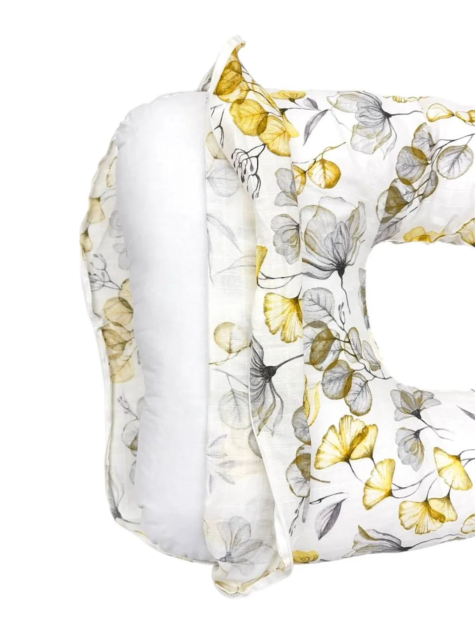 Perna Pentru Gravide U-Shape – Floral Gri/Galben Pe Alb, Muselină, 150 cm