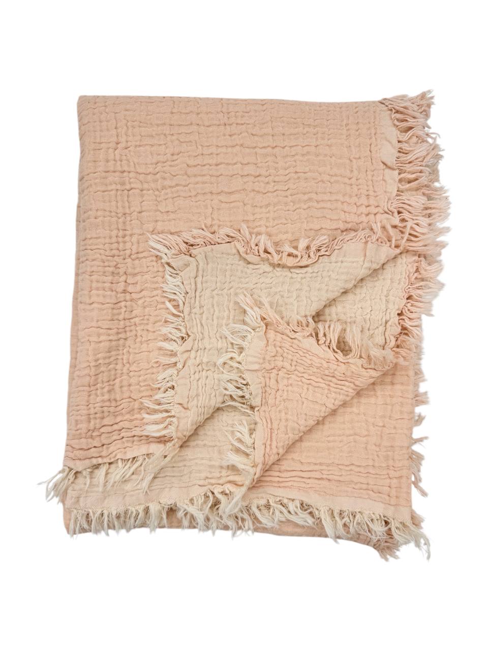 Păturică Muselină Bej Pudrată cu Frânghișori – 4 Straturi